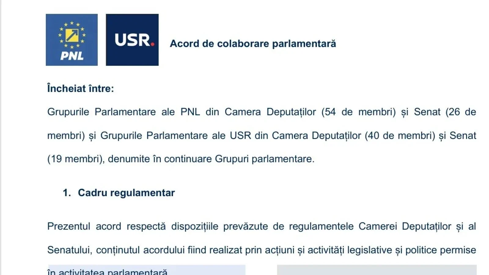 Protocolul semnat de PNL și USR: Reducerea numărului de parlamentari, țintă agreată de liderii din Senat și Camera Deputaților
