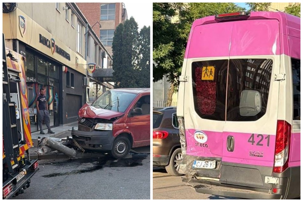 Accident pe Bulevardul Muncii din Cluj. Microbuz școlar al CTP lovit de o dubiță în fața Universității Tehnice. Mașina a rupt un stâlp FOTO