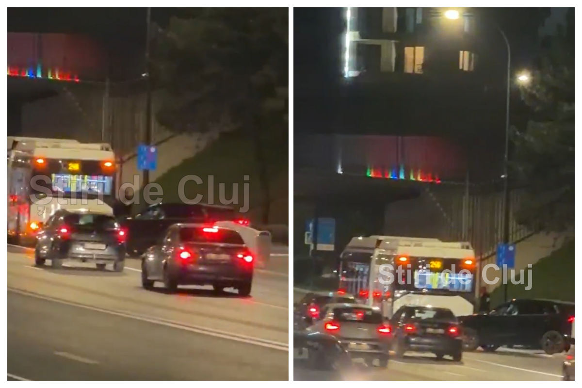 VIDEO. Accident pe Calea Florești, la intrarea în Cluj-Napoca! Un autobuz 24B și o mașină implicate în impact sub pod