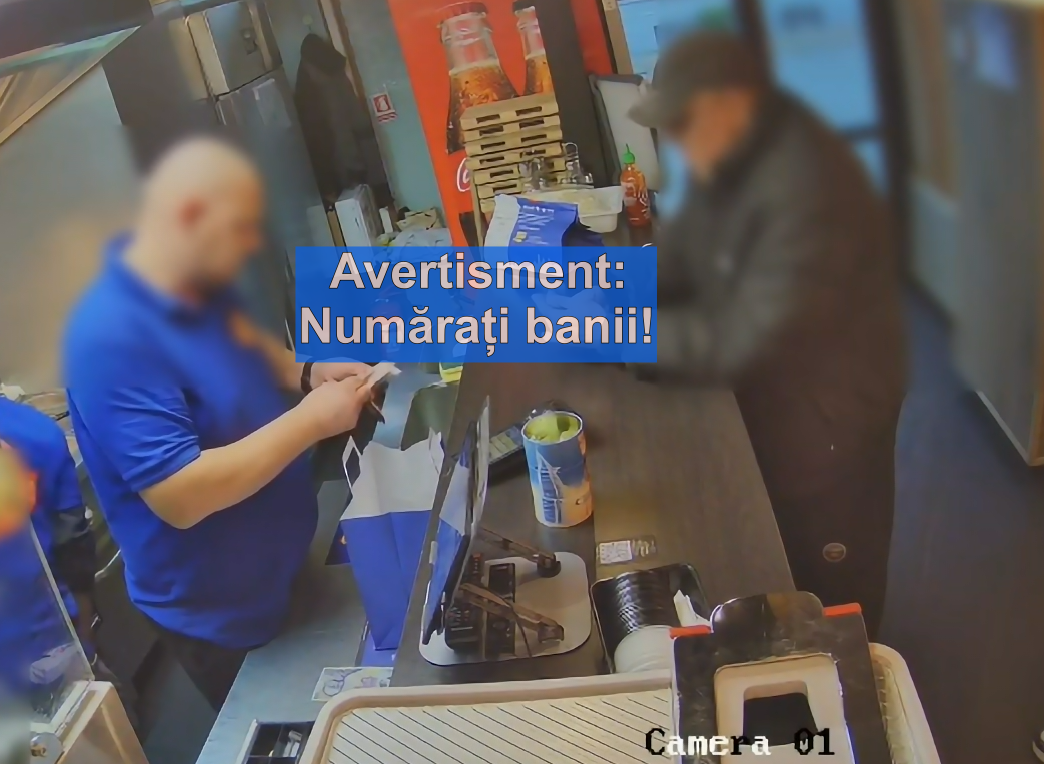 VIDEO. Cum a fost înșelat angajatul unui fast-food din Cluj de un client: I-a cerut să-i schimbe 300 lei, dar l-a lăsat fără 100 lei. Totul a fost filmat