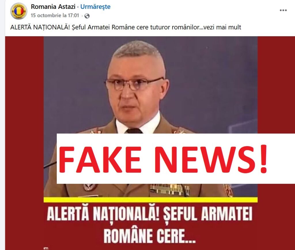 Campanie de fake news pe Facebook cu presupuse declarații ale șefului Armatei / MApN: Materialele utilizează declarații și informații din interviuri sau apariții publice anterioare ale șefului Statului Major al Apărării, pe care le prezintă într-un context nou